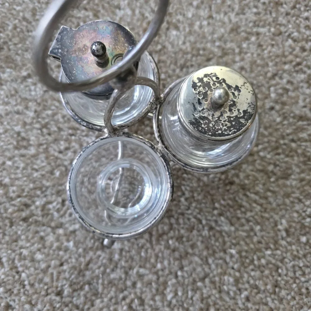 Vintage Silver Plated 3-Piece Condiment Cruet Set with Glass Jars & Spoon